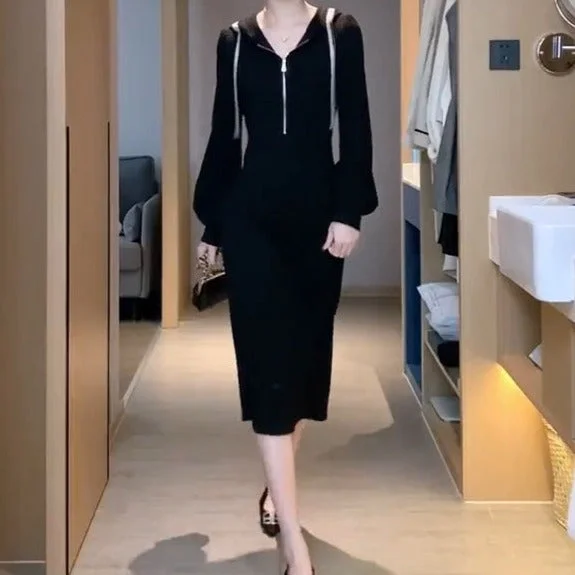 NiDELL . Early Spring New Temperament Waist-Controlled Hooded Dress Mid-Length Loose Slimming Slit Sweater Layered Multi-layer Single Layer