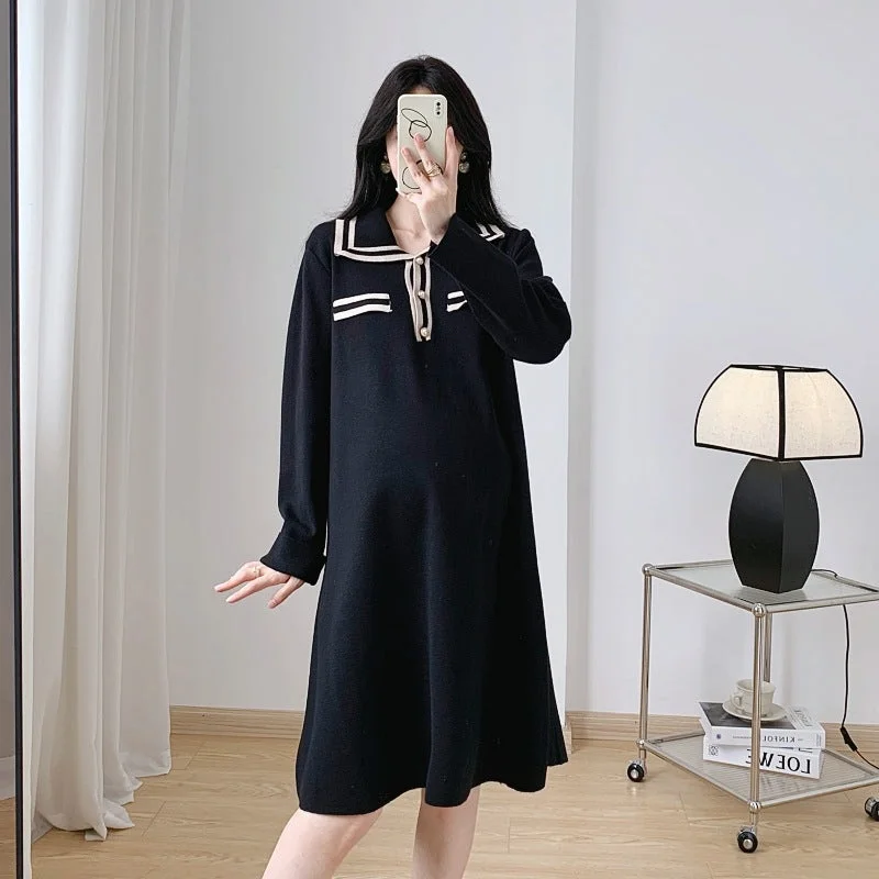 NiDELL . Fashionable Stylish Lapel Knitwear Autumn and Winter Maternity Clothes Stripe a Mid-Length Nursing Sweater Dress Transparent Opaque Sheer