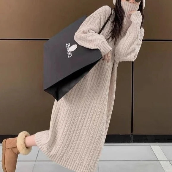 NiDELL . Korean Maternity Clothes Autumn and Winter High Neck Thickened Sweaters Long Skirt Twist Dress Outing Dress