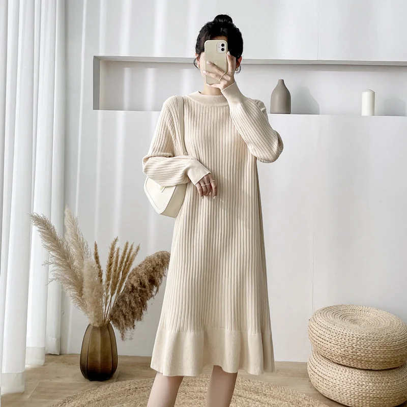 NiDELL . Korean Style All-Matching Base Pregnant Women's Knitted Dress Autumn and Winter Clothing New round Neck Mid-Length Fishtail Sweater Beaded Sweater Sequined Faux Fur