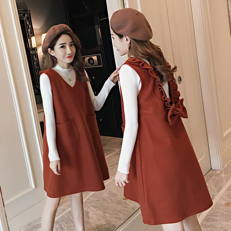 NiDELL Maternity Clothes Autumn and Winter Clothes . Maternity Sweater Suit Fashion Bowknot Vest Dress Two-Piece Set Maternity Dress Cashmere Blend Cotton Blend Poly Blend