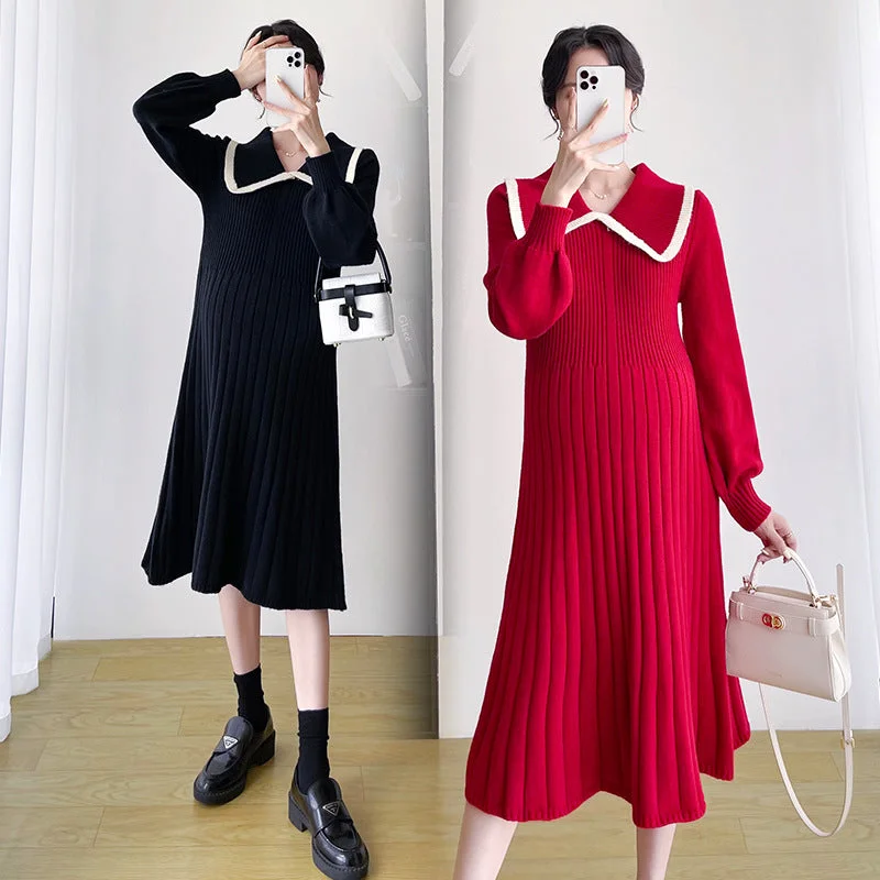 NiDELL Maternity Clothes . Autumn and Winter Doll Collar Big Pit Small Strip Design Sense Dress Sweater Fleece Sweater Nylon Polyester