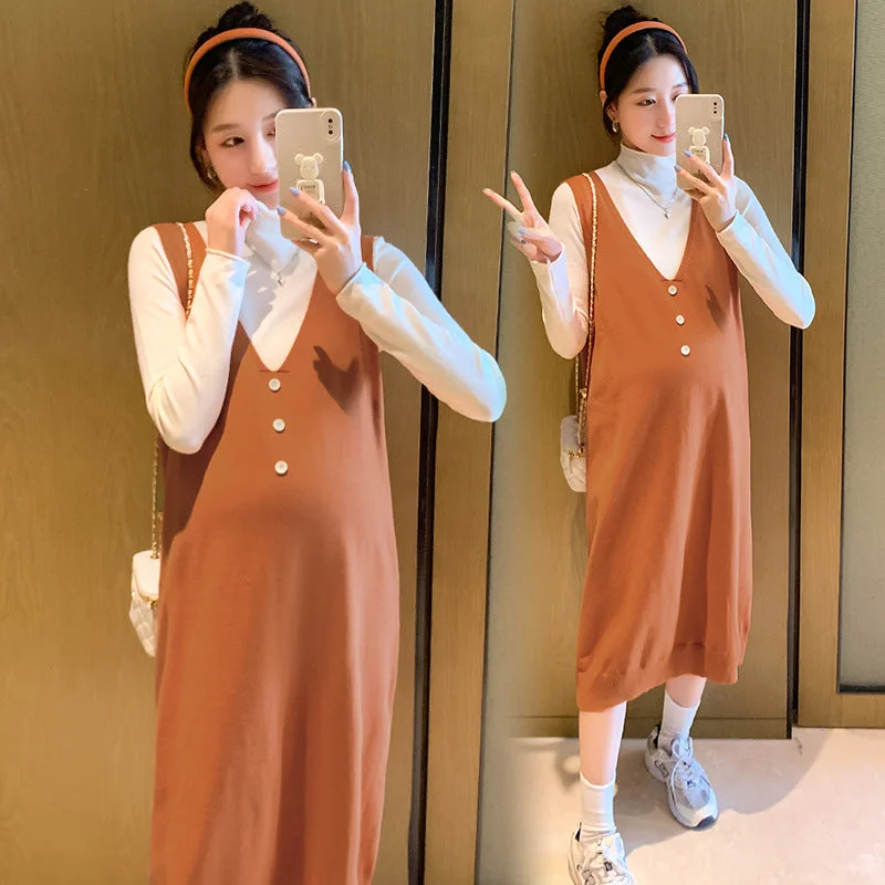 NiDELL Maternity Clothes . Autumn and Winter New Core Yarn Fashionable Knitted Bottoming Shirt Sweater Jumper Dress Two-Piece Set Iron Safe Non-Iron Wrinkle Free