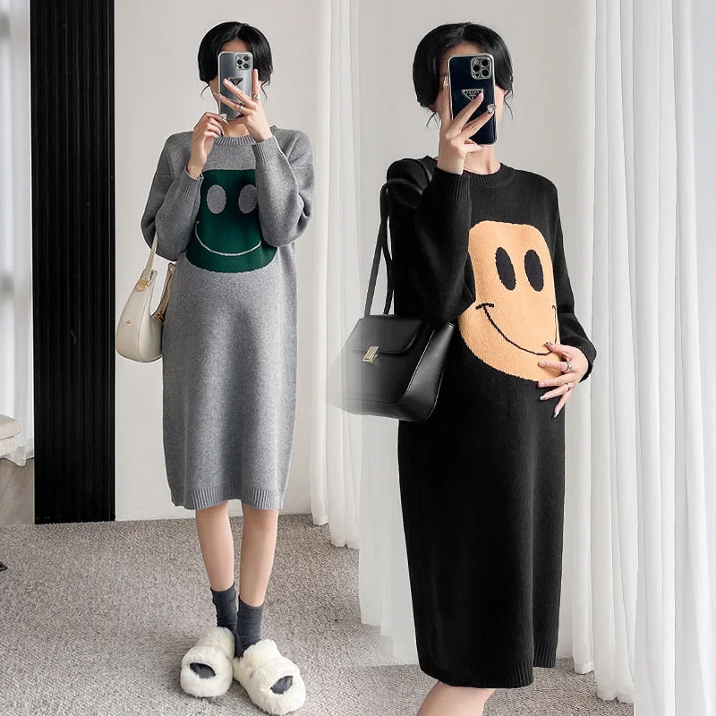 NiDELL Maternity Clothes . Autumn and Winter New Pregnant Mom Smiley Face Thick Loose Idle Style Knitted Sweater Mid-Length Dress Spandex Blend Rayon Blend Denim Blend