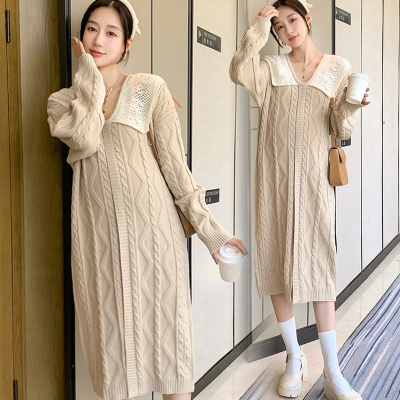 NiDELL Maternity Clothes . Autumn and Winter Trendy Mom Lapel Jacquard Knitwear Dress Slimming Long Sweater Mesh Fabric Canvas Fabric Denim Fabric