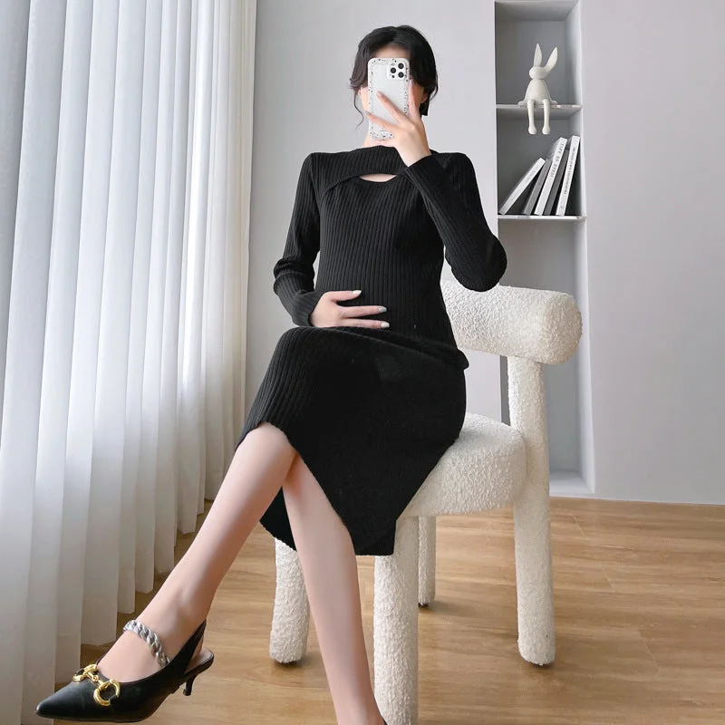 NiDELL . Maternity Clothes Autumn New Dress Long Sleeve Casual round Neck Fashion Black Knitted Hot Mom Sweater Long Soft Cozy Warm