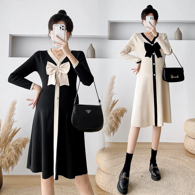 NiDELL Maternity Clothes . Internet Celebrity Pregnant Women's Knitting Dress Fashion V-neck Bow Autumn and Winter Maternity Sweater Open Front Closed Front Wrap Front