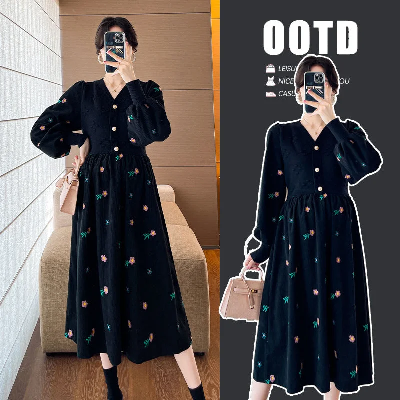NiDELL Maternity Clothes Winter Clothing Thickened Maternity Sweater Stitching Machine Embroidery Bottoming New . Maternity Dress Long Sleeve Seamless Knitted Crochet