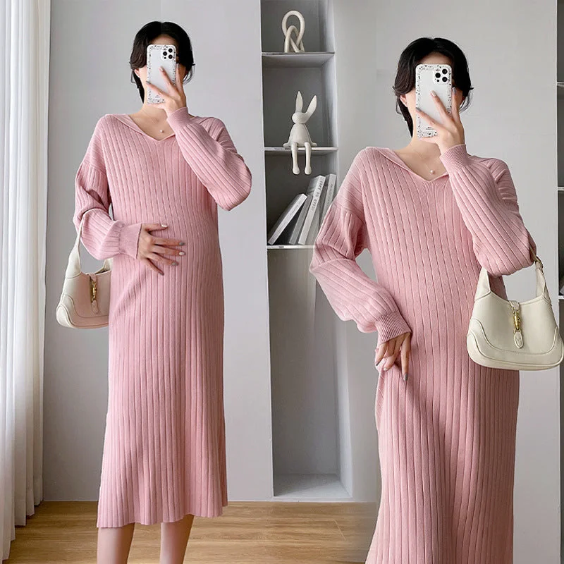 NiDELL Maternity Clothing . Autumn and Winter New Loose Core Yarn Pregnant Women's Knitting Dress Hooded Casual Pregnant Women Sweater Plaid Sweater Polka Dot Checkered