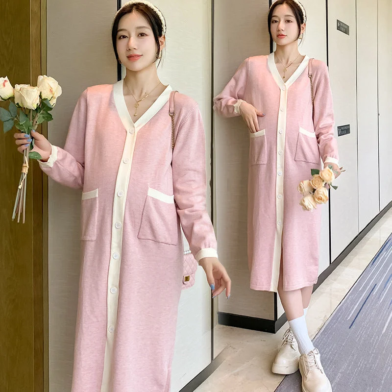 NiDELL Maternity Dress . Autumn and Winter Core-Spun Yarn Dress Maternity Dress Long Stitching Sweater Spandex Rayon Corduroy