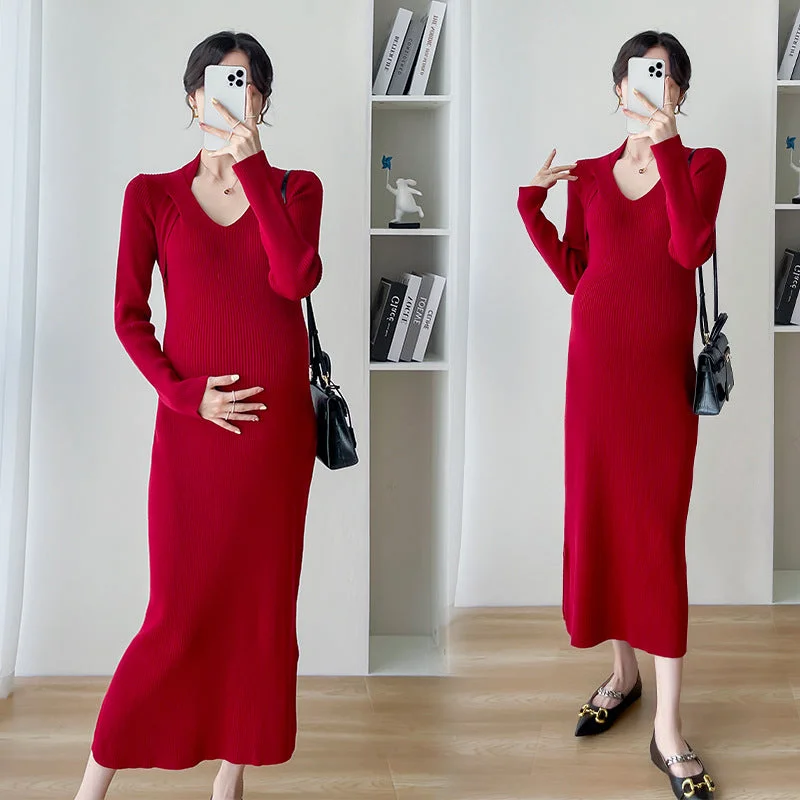 NiDELL Maternity Dress . Autumn and Winter Elegant Slim Fit Slimming Knitted Sweater for Pregnant Women Bottoming Maternity Dress Graphic Sweater Embroidered Appliqued