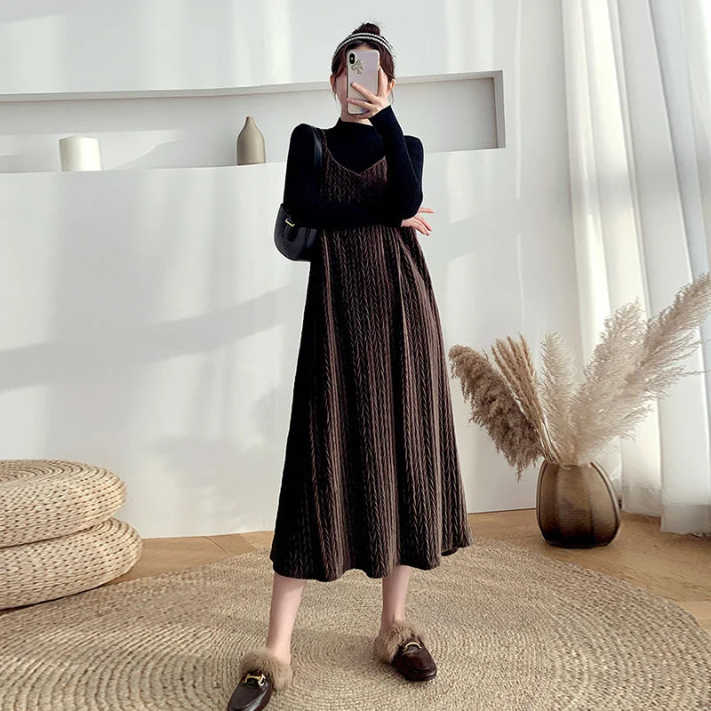 NiDELL . Maternity Dress Autumn and Winter Half-High Collar Bottoming Sweater Velvet Suspender Dress Two-Piece Suit Maternity Dress Machine Wash Dry Clean Hand Wash