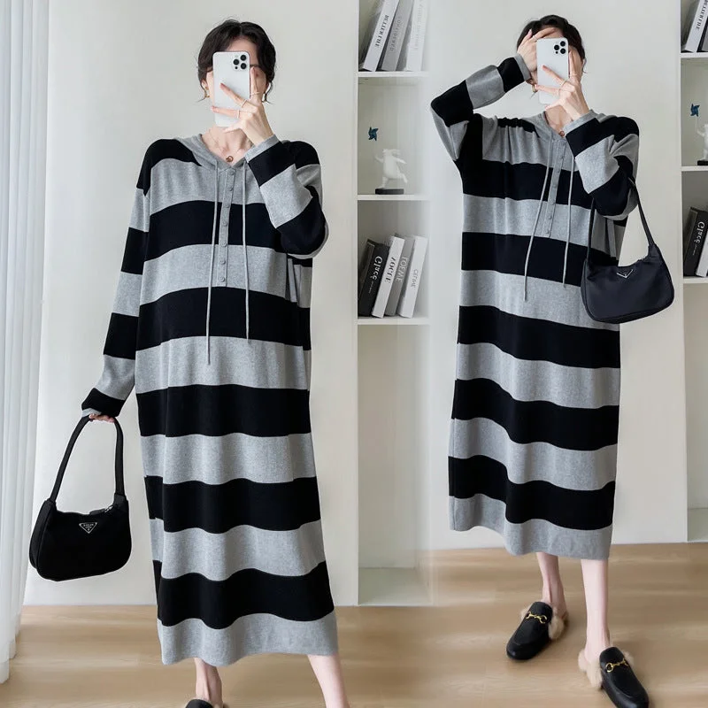 NiDELL Maternity Dress . Autumn and Winter Korean Style Fashion Loose plus Size Long Sweater Open Button Nursing Maternity Dress Turtle Neck Boat Neck Asymmetrical Neck
