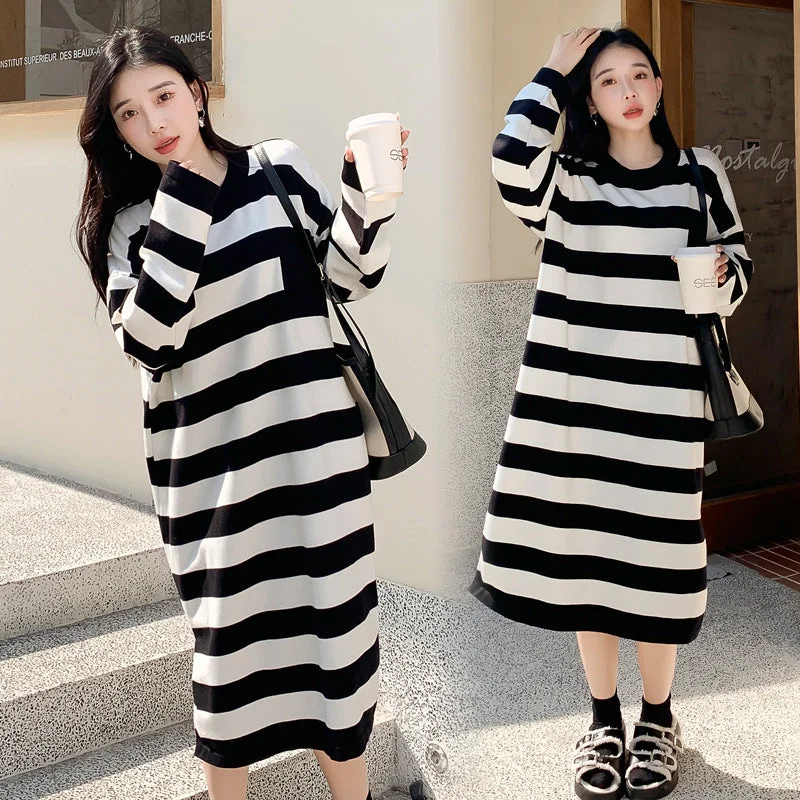 NiDELL Maternity Dress . Autumn and Winter New Korean Style Fashion Loose Striped Sweater Mid-Length Knitted Dress for Pregnant Women Mesh Sweater Canvas Denim