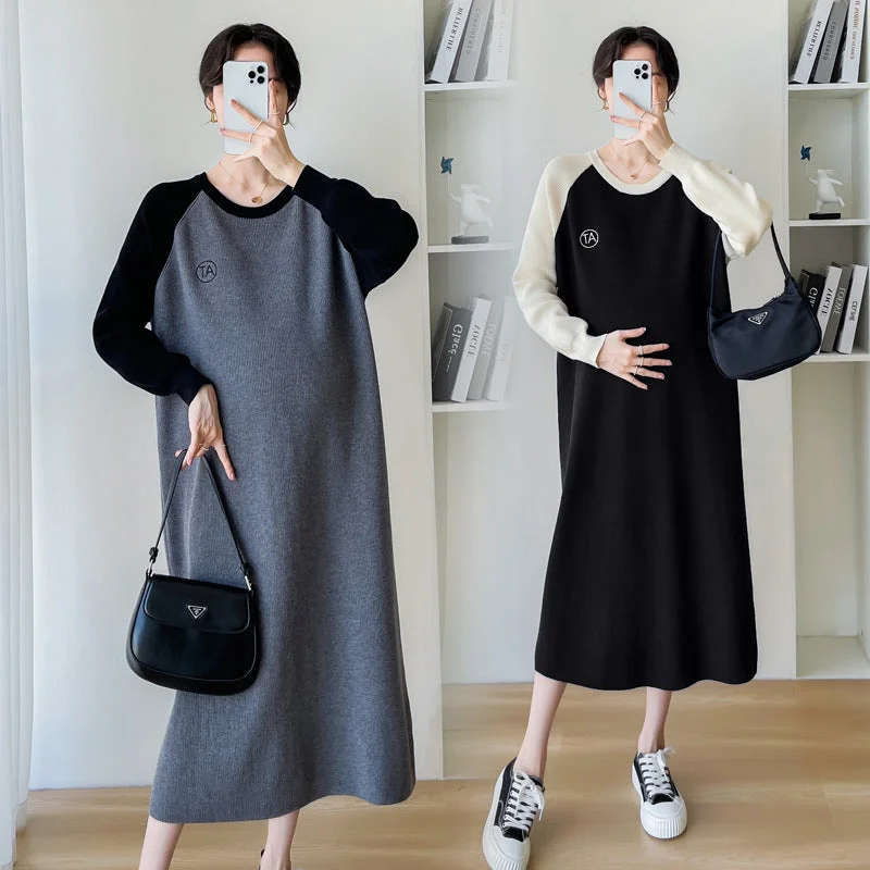NiDELL Maternity Dress . Autumn and Winter New Korean Style Fashion Stitching Mid-Length Knitted Sweater Maternity Dress Stylish Fashionable Trendy