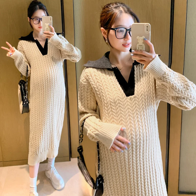 NiDELL Maternity Dress . Autumn and Winter New Korean Style Fashionable Casual Simple Temperament Contrast Color Lapels Sweaters Dress