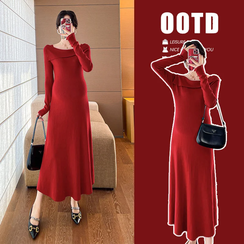 NiDELL Maternity Dress . Autumn and Winter New Korean Style Slim Fit Maternity Sweater Dress Slimming Temperament Pregnant Women's Knitting Dress