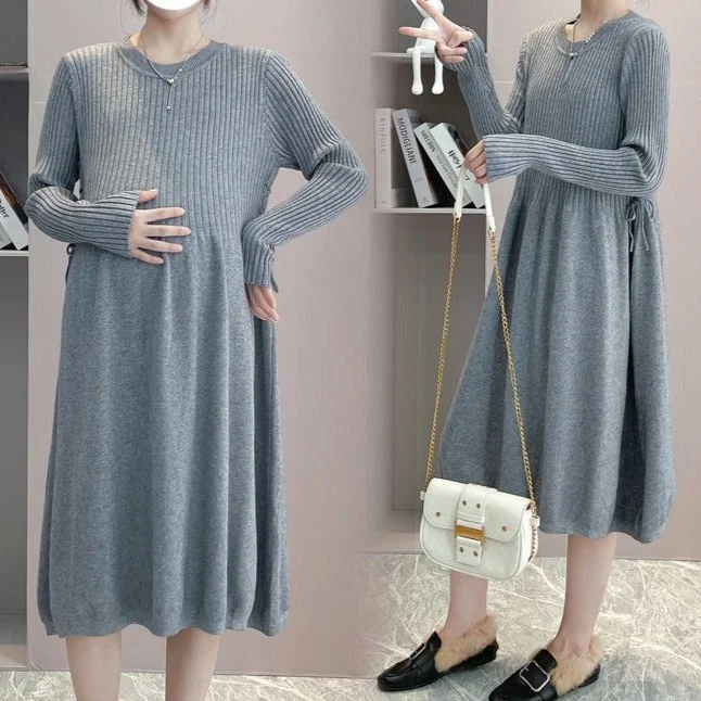 NiDELL . Maternity Dress Autumn and Winter New Mid-Length Sweater Outdoor All-Matching Fashion Base Maternity Dress Korean Style Polka Dot Checkered Tartan