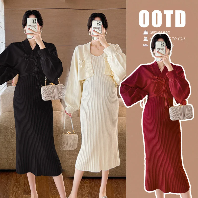 NiDELL Maternity Dress Autumn and Winter . Slim Strap Maternity Dress Pregnant Women Two-Piece Sweater Online Hot Mom Suit Faux Fur Fabric Real Fur Fabric Shearling Fabric