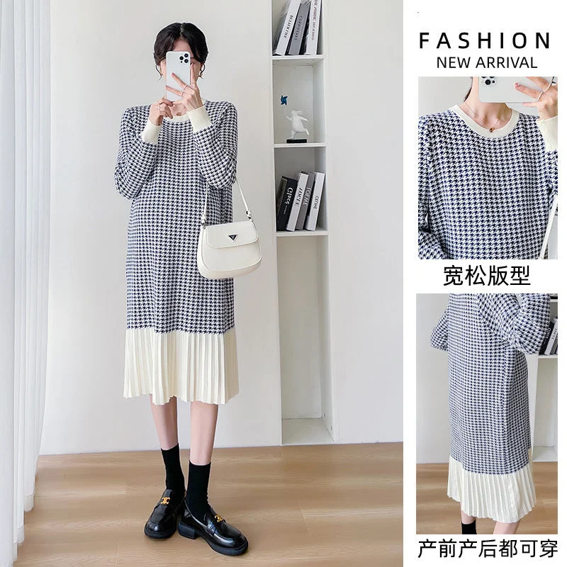 NiDELL Maternity Dress Autumn and Winter Sweater . Fashion Hot Mom Korean Style Elegant Houndstooth Mid-Length Knitted Dress for Pregnant Women Long Sweater Short Sweater Cropped Sweater