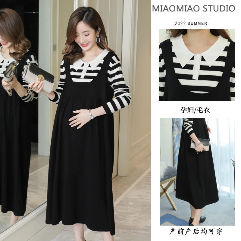 NiDELL Maternity Dress . Autumn and Winter Trendy Mom Two Piece Set Striped Knitted Sweater Skirt Bottoming out Maternity Dress Ribbed Striped Patterned