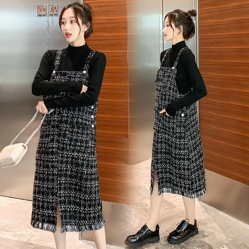 NiDELL Maternity Dress . Autumn and Winter Two-Piece Long Sweater Woolen Suit Bright Pastel Dark