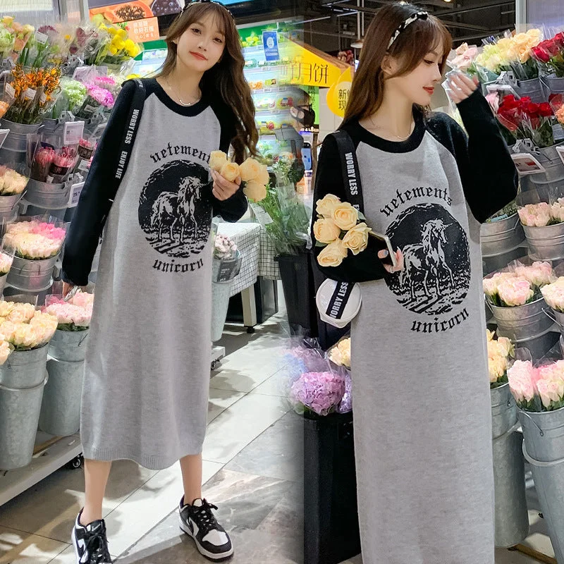 NiDELL Maternity Dress . Autumn New Korean Style Fashion Loose Slimming Trendy Mom Sweater Long Dress