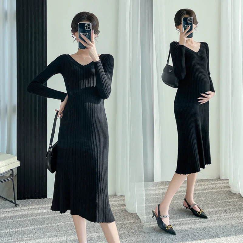 NiDELL Maternity Dress Autumn . New Korean Style Slim Fit V-neck Knitted Dress for Pregnant Women Base Sweater Dress Autumn and Winter Seamless Knitted Crochet
