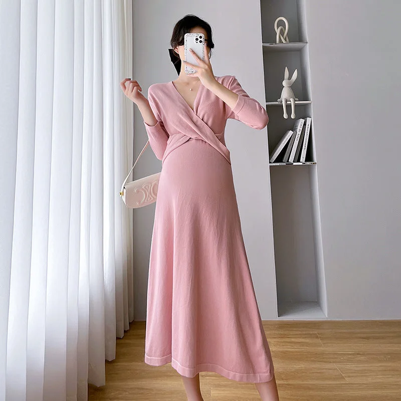 NiDELL Maternity Dress . Fall Winter Fashion Korean Style Knitted V-neck Base Pregnant Women's Sweater Slimming Pregnant Women's Midi Dress Real Fur Shearling Chenille