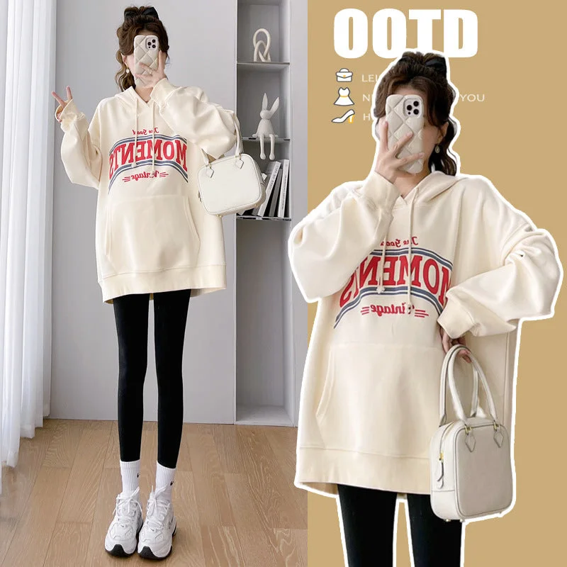 NiDELL Maternity Dress . Korean Style Hooded Autumn Winter Thick Loose-Fitting Casual Mid-Length plus Size Fashion Sweater Long Sleeve Top Stretchy Elastic Breathable