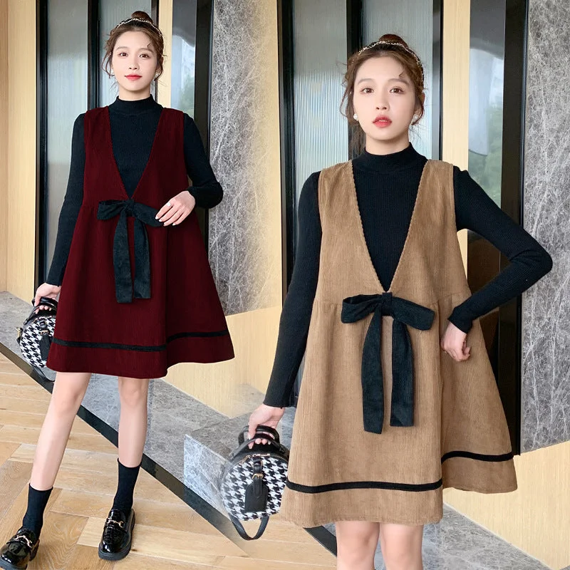 NiDELL Maternity Dress . Maternity Autumn and Winter Suit Corduroy Vest Skirt Sweaters Two-Piece Set Elegant Classic Vintage