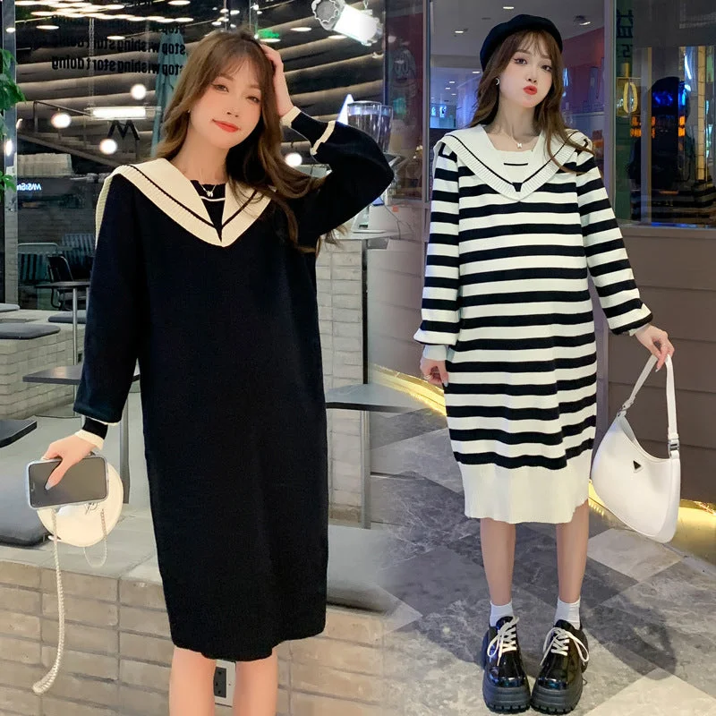NiDELL Maternity Dress . Mid-Length Autumn and Winter Striped Sweater Sailor Collar Fashion Loose Korean Style Maternity Dress Striped Floral Plaid