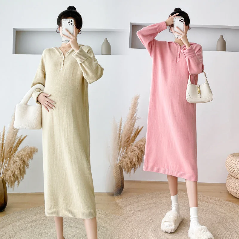 NiDELL Maternity Dress . New Autumn and Winter Clothes for Pregnant Women Fashion Korean Casual Sweater Loose Midi Dress