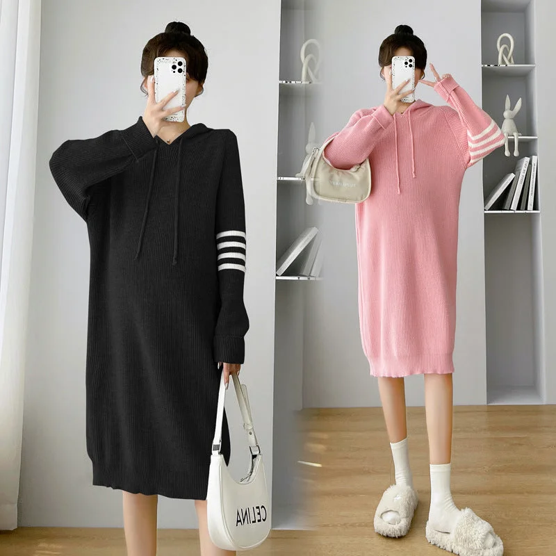 NiDELL Maternity Dress . New Autumn and Winter Clothes for Pregnant Women Fashion Sweater Loose Midi Dress Fleece Sweater Nylon Polyester