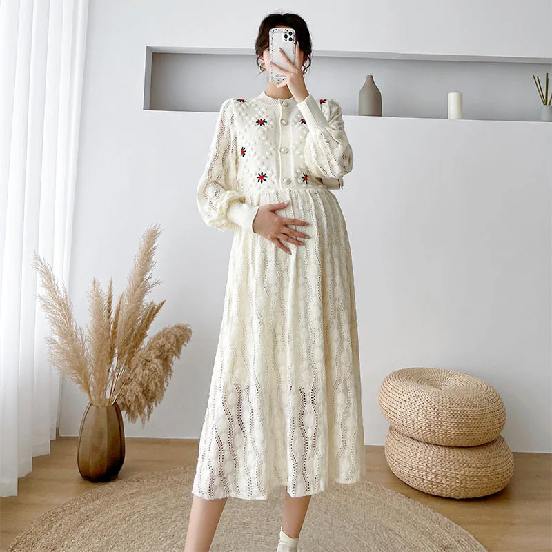 NiDELL Maternity Dress . Pregnant Women Autumn and Winter Sweater Mid-Length Knitted Sweater Lace Stitching Fake Two-Piece Dress Stylish Fashionable Trendy