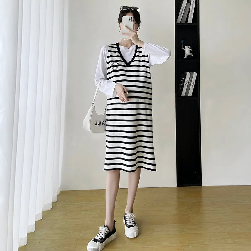 NiDELL Maternity Dress . Spring and Autumn New Split Striped Sweater Fashion Bear Printed Two-Piece Suit Dress Solid Color Striped Floral Print