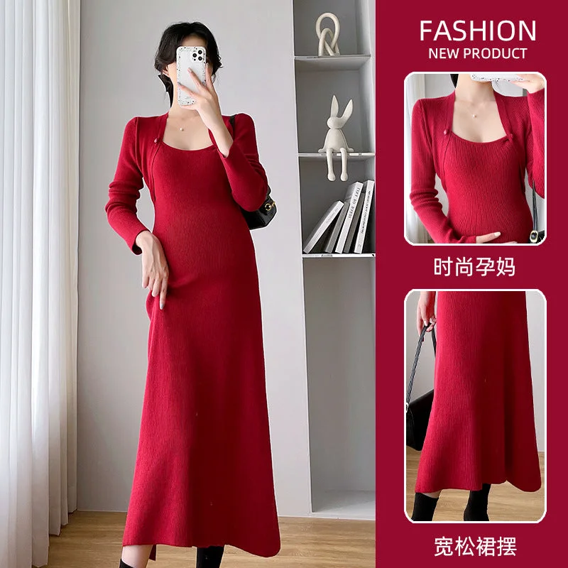 NiDELL . Maternity Winter Clothes Korean Style Slim-Fit Slimming Elegant Maternity Dress Thickened Maternity Sweater Slim Fit Regular Fit Oversized