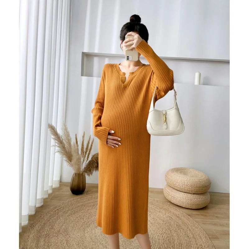 NiDELL . New Solid Color Base Knitting Skirt Autumn and Winter Clothes for Pregnant Women Fashion Dress Mid-Length Sweater Cable Knit Ribbed Knit Lace Knit