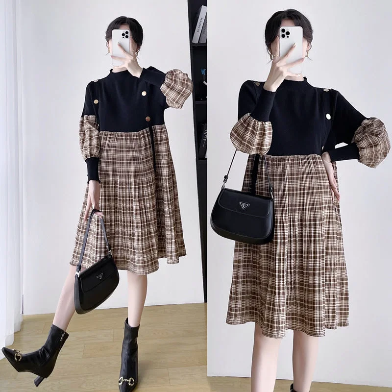 NiDELL . New Spring Dress for Pregnant Women out Long Sleeve Sweater Fashionable Stitching Fake Two-Piece Maternity Dress Print Jacquard Patchwork