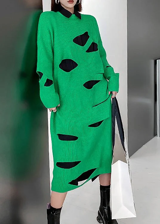 Novelty Green O-Neck cozy Knit Sweater Dress Spring