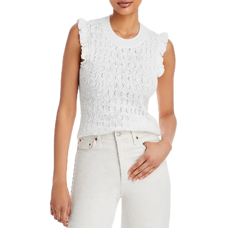 Paige Womens Gardenia Ruffled Crewneck Tank Top Sweater Satin Blend Silk Blend Wool Blend
