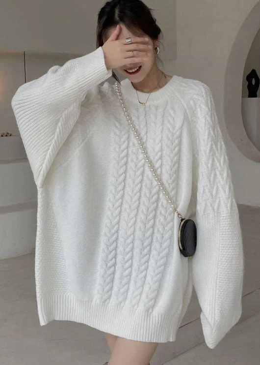 Plus Size White cable knit sweaters Winter Satin Blend Silk Blend Wool Blend