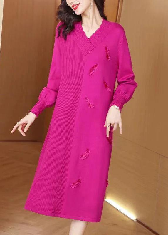 Rose Feather Patchwork Woolen Knit Winter Sweater Dress V Neck