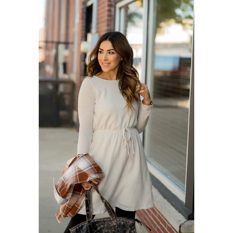 Simple Tie Sweater Dress Solid Print Embellished