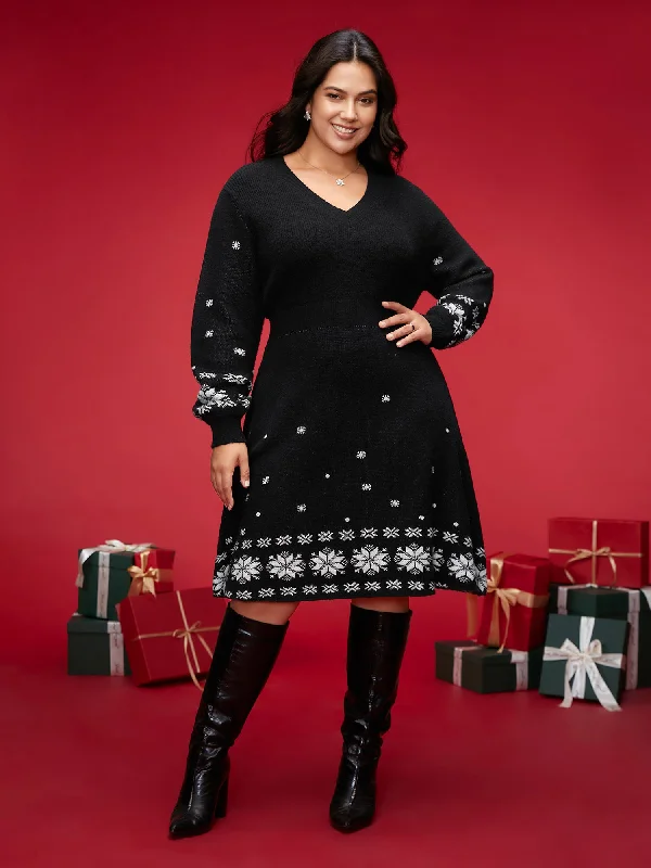 Snowfall Jacquard Pattern Midi Sweater Dress Fitted Loose Oversized