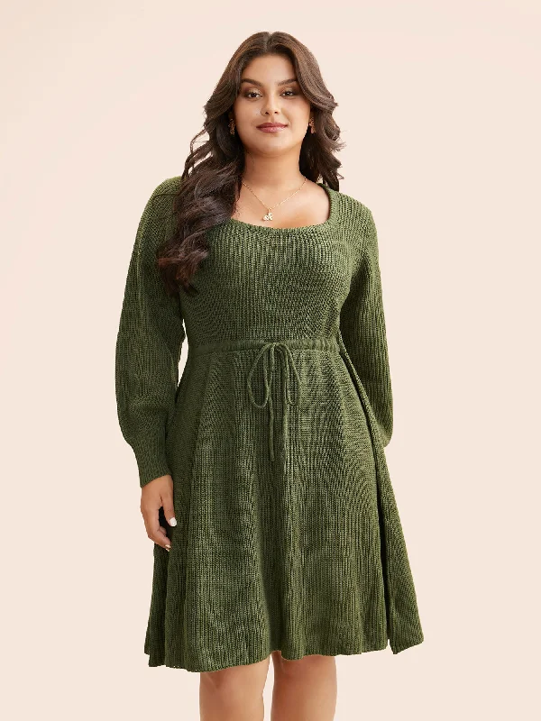 Square Neckline Waist-Tie Midi Sweater Dress Toggled Drawstring Belted