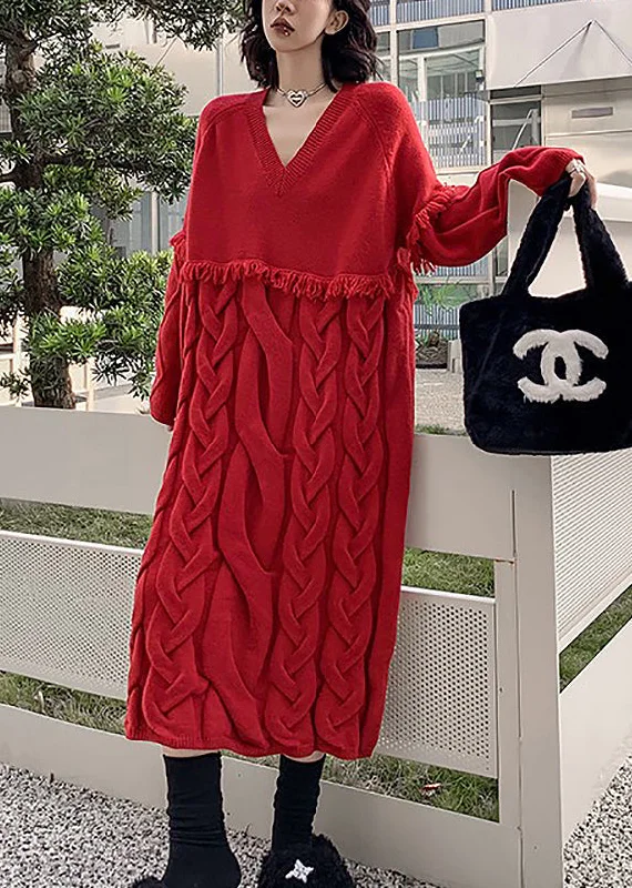 Style Red V Neck Tasseled Patchwork Cable Knit Sweaters Dresses Fall