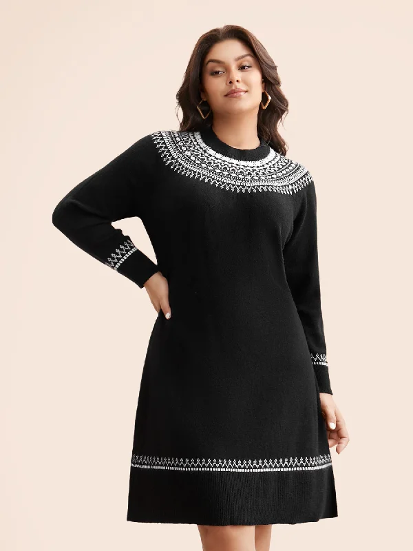 Supersoft Essentials Geo-embroidery Fair Isle Fitted Sweater Dress Zippered Buttoned Snapped