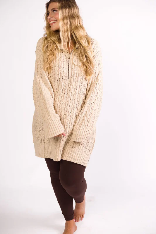 Jenna Cable-Knit Mini Sweater Dress in Oatmeal Oversized Loose Flowy