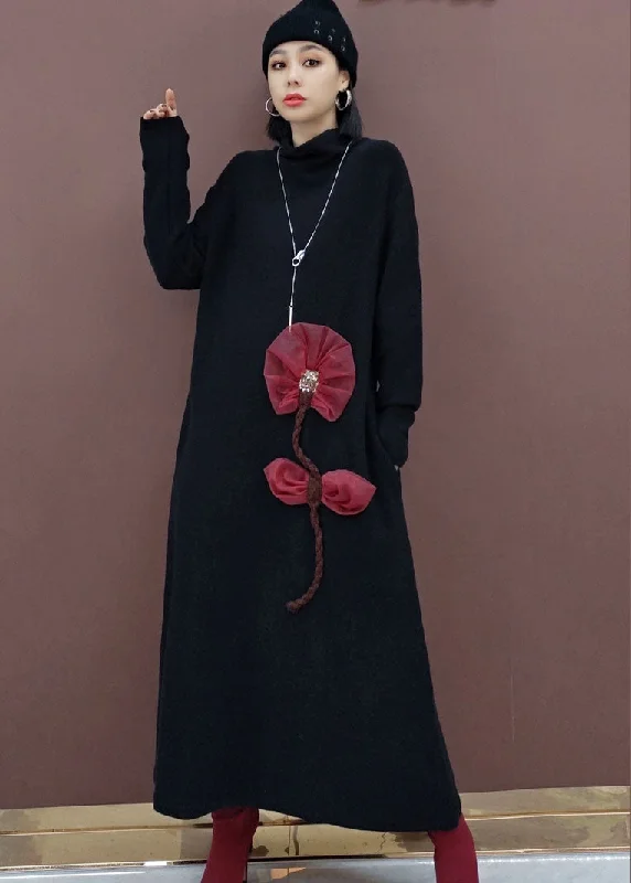 Vintage Black Turtle Neck Floral Knit Knit Sweater Dress Spring Graphic Sweater Embroidered Appliqued Vintage Black Turtle Neck Floral Knit Knit Sweater Dress Spring Graphic Sweater Embroidered Appliqued